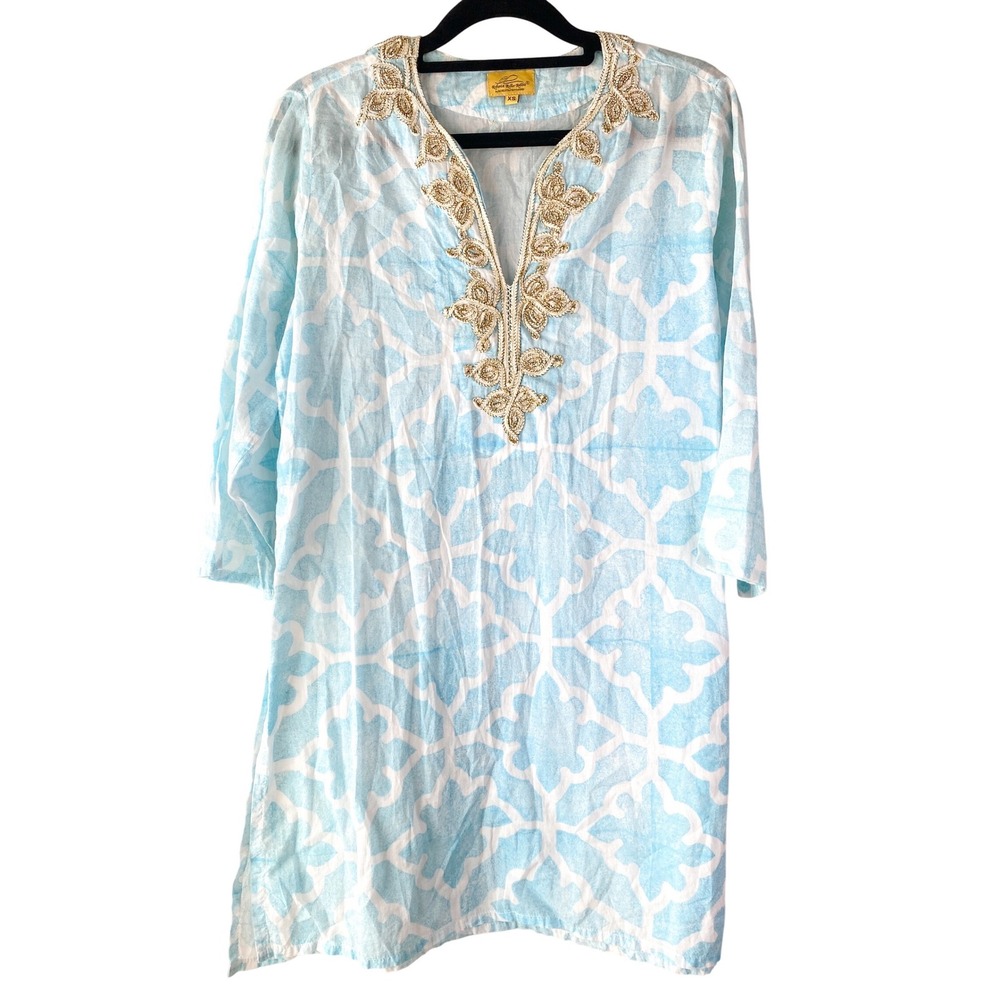 Roberta‎ Roller Rabbit Womens Tunic XS Blue Geometric Embroidered Coastal Kurta